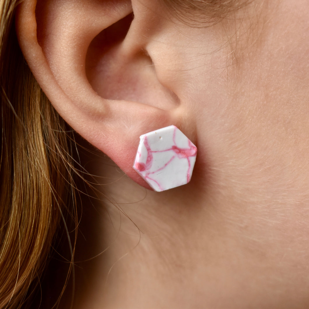 Pink Marble Hexagon Stud Earrings