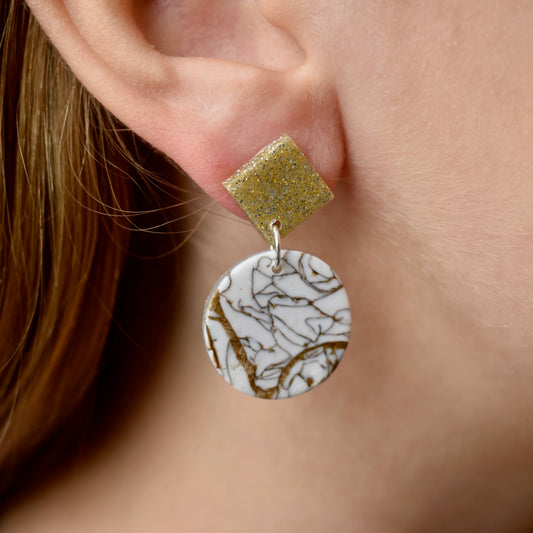 Gold Marble Stud Dangle Earrings