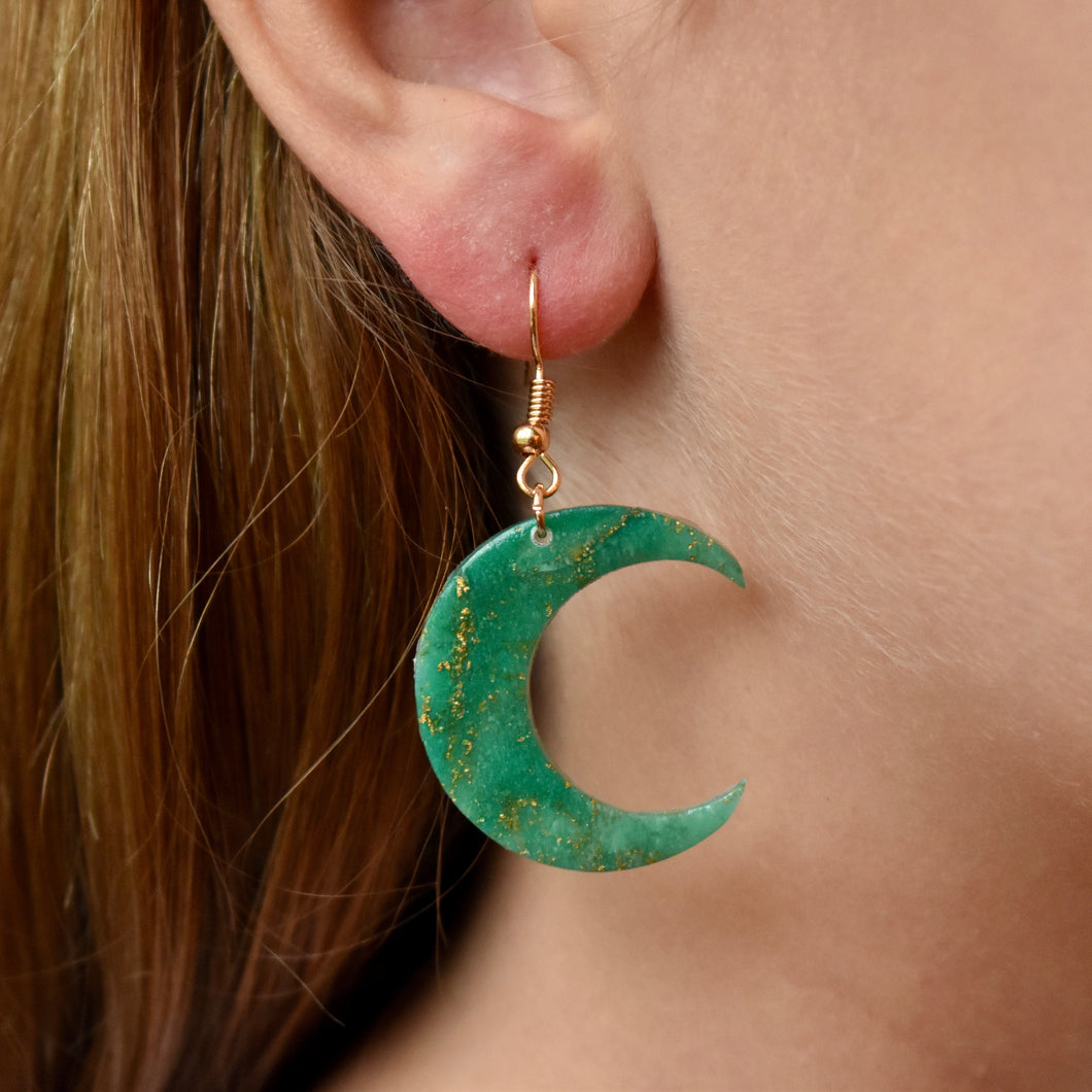 Teal Marble Moon Earrings