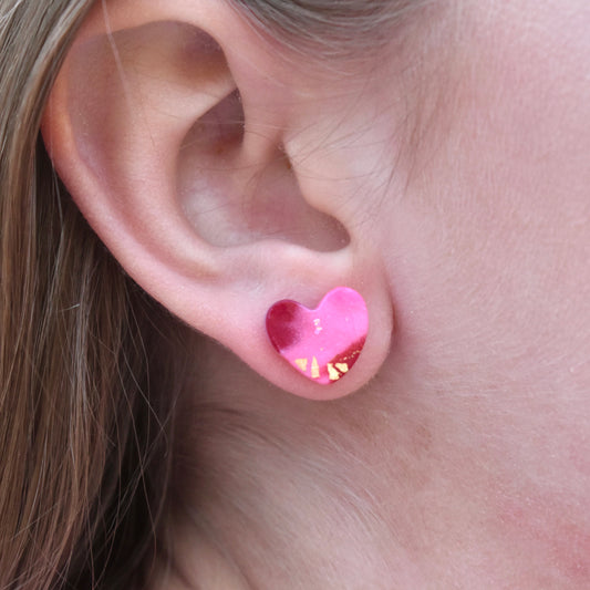 Pink Marble Heart Stud Earrings